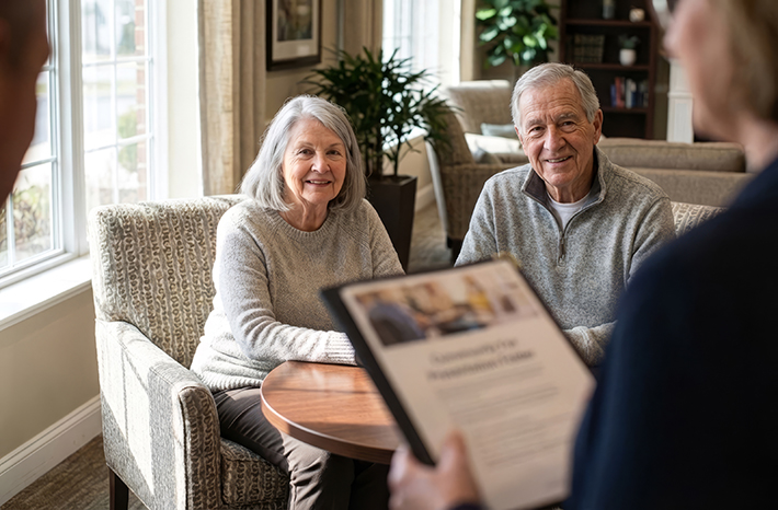 Two seniors smile warmly at a staff member from a senior living community across a table in a sunlit common area during a tour.