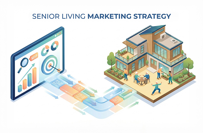 A pathway connects a digital tablet displaying marketing analytics to a vibrant senior living community building where people are socializing.