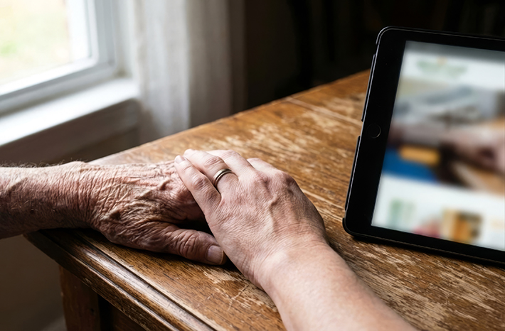 Older and younger hands resting on a wooden table next to a tablet displaying a senior living website.