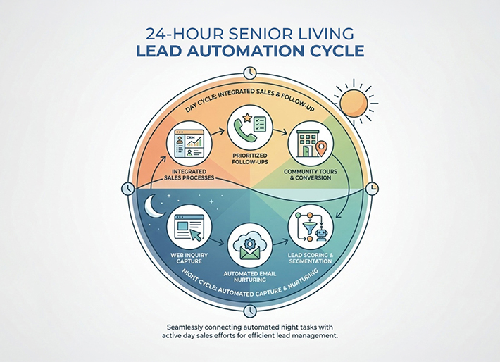 Circular infographic showing a 24-hour lead automation cycle. Half depicts nighttime web capture, and half shows daytime community tours.