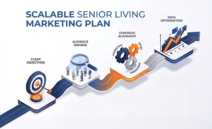 Isometric roadmap infographic showing an upward path with icons for a target, a magnifying glass, interconnected gears, and a rising line chart.