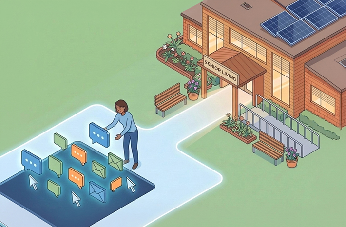 An illustration of a person tending to glowing digital icons in a garden, with a clear path leading to a senior living community building..