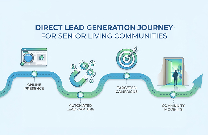 Roadmap infographic showing four lead generation steps: online presence, automated lead capture, targeted campaigns, and community move-ins.