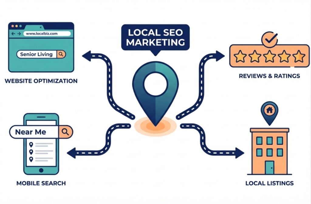 Diagram connecting a central map pin to icons of a website, review stars, a smartphone, and a building.