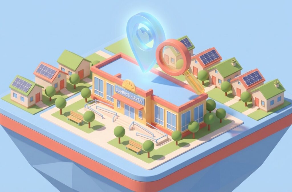 Isometric illustration of a neighborhood building with a large glowing location pin and a magnifying glass hovering above it.